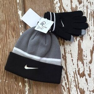 Nike Black and Gray Beanie and Gloves Set